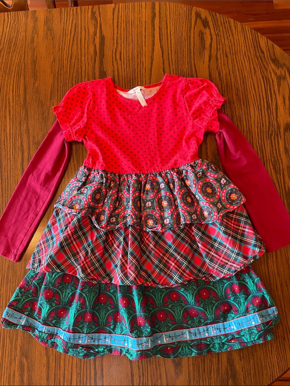 Matilda Jane Red Layered Mixed-Print Long-Sleeve Dress